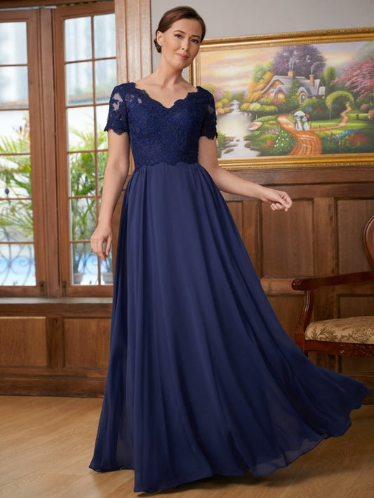 A-Line/Princess Chiffon Lace V-neck Short Sleeves Floor-Length Mother of the Bride Dresses
