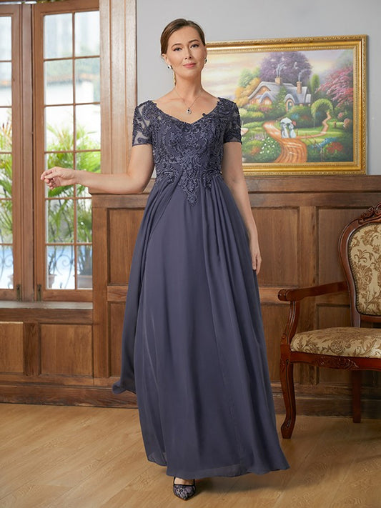 A-Line/Princess Chiffon Applique V-neck Short Sleeves Floor-Length Mother of the Bride Dresses