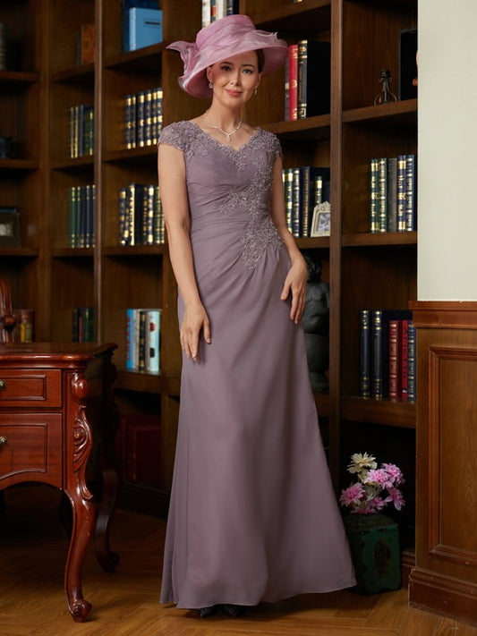 Sheath/Column Chiffon Lace V-neck Short Sleeves Floor-Length Mother of the Bride Dresses