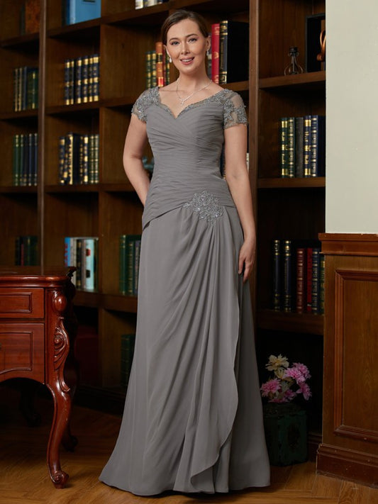 A-Line/Princess Chiffon Applique Sweetheart Short Sleeves Floor-Length Mother of the Bride Dresses