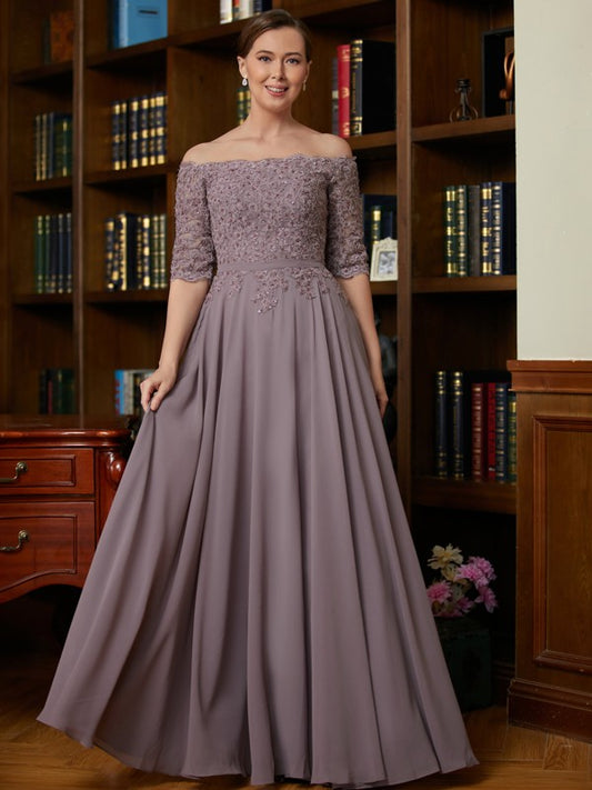 A-Line/Princess Chiffon Applique Off-the-Shoulder 3/4 Sleeves Floor-Length Mother of the Bride Dresses