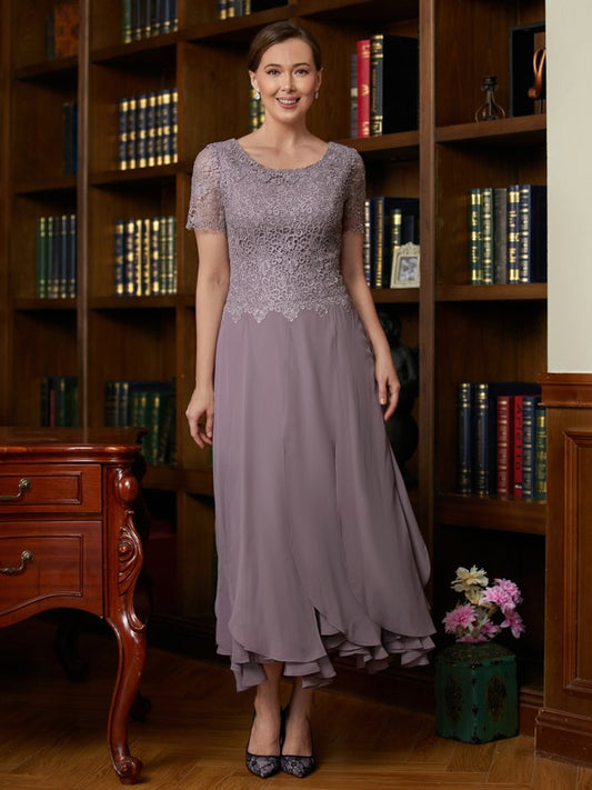 A-Line/Princess Chiffon Lace Scoop Short Sleeves Ankle-Length Mother of the Bride Dresses