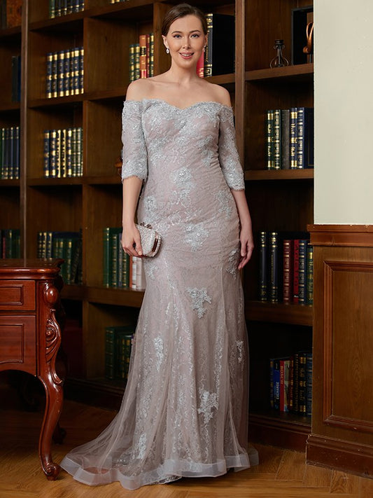 Sheath/Column Lace Applique Off-the-Shoulder 3/4 Sleeves Sweep/Brush Train Mother of the Bride Dresses