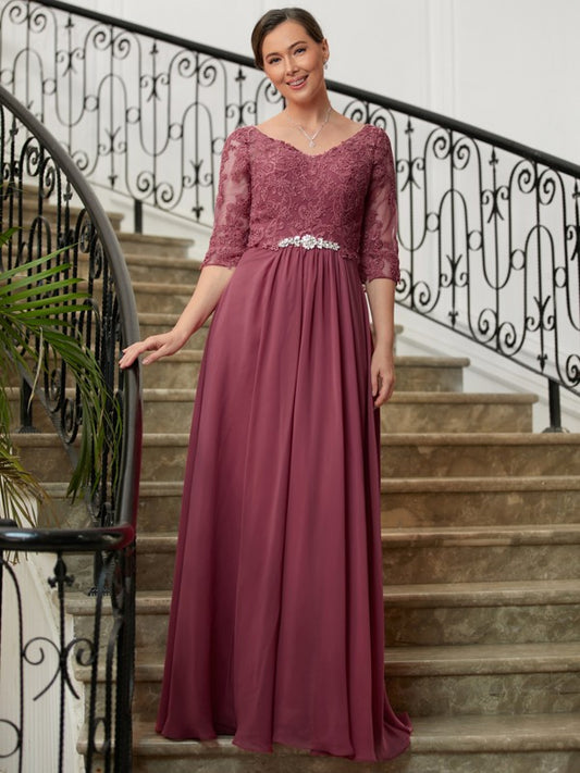 A-Line/Princess Chiffon Lace V-neck 3/4 Sleeves Floor-Length Mother of the Bride Dresses