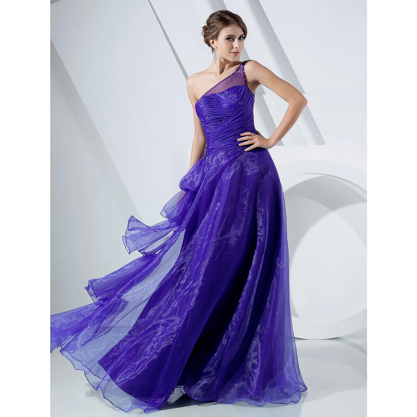 A-Line Elegant Dress Formal Evening Floor Length Sleeveless One Shoulder Organza with Side Draping Cascading Ruffles