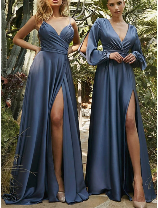 A-Line Bridesmaid Dress V Neck Long Sleeve Blue Floor Length Chiffon with Split Front / Ruching