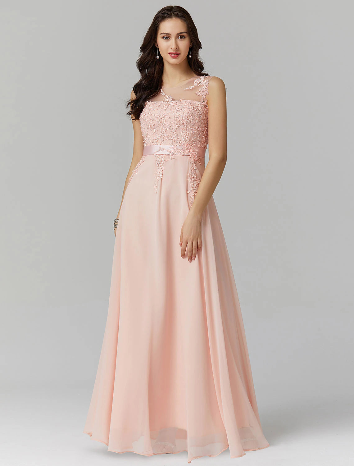 A-Line Chinese Style Dress Wedding Guest Prom Floor Length Sleeveless Illusion Neck Chiffon V Back with Beading Appliques