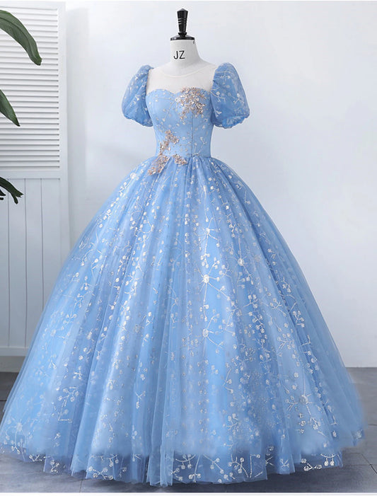 Ball Gown Quinceanera Dresses Princess Dress Performance Sweet 16 Floor Length Short Sleeve Square Neck Polyester with Pearls Appliques