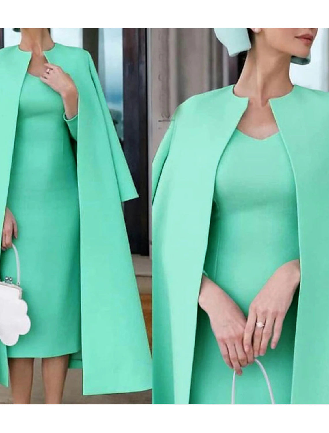 Two Piece Sheath / Column Mother of the Bride Dress Fall Wedding Guest Dresses Church Elegant Jewel Neck Knee Length Stretch Fabric Half Sleeve Jacket Dresses with Solid Color