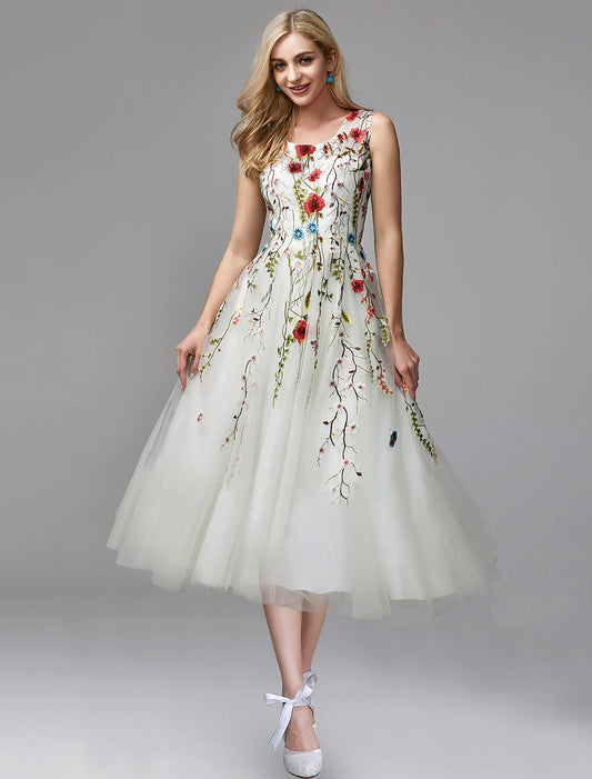 A-Line Prom Dresses Floral Dress Wedding Guest Engagement Tea Length Sleeveless Jewel Neck Chiffon with Lace Insert Appliques