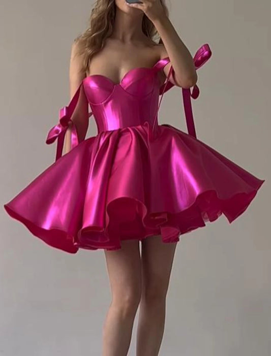A-Line Homecoming Dresses Corsets Dress Holiday Graduation Short / Mini Sleeveless Spaghetti Strap Pink Dress Satin with Bow(s)