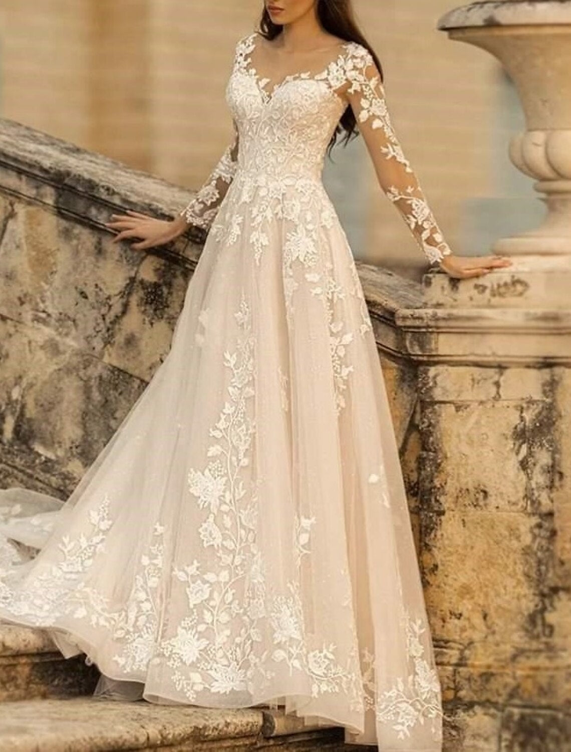 Beach Formal Wedding Dresses A-Line V Neck Long Sleeve Sweep / Brush Train Lace Bridal Gowns With Flower Solid Color