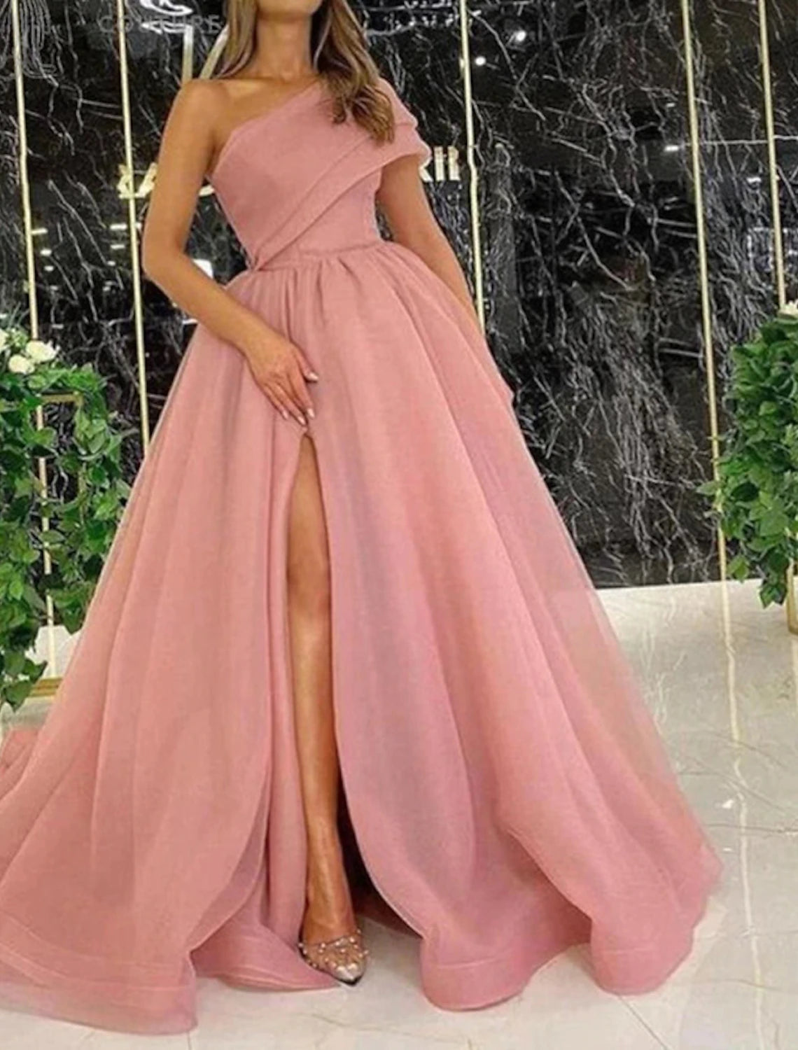 Ball Gown Evening Gown Celebrity Style Dress Wedding Guest Birthday Court Train Sleeveless One Shoulder Wednesday Addams Family Organza with Slit Pure Color