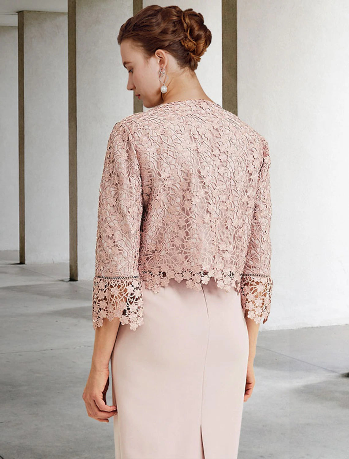 Two Piece Sheath / Column Mother of the Bride Dress Church Elegant Jewel Neck Knee Length Chiffon Lace Short Sleeve Short Jacket Dresses with Ruffles Appliques