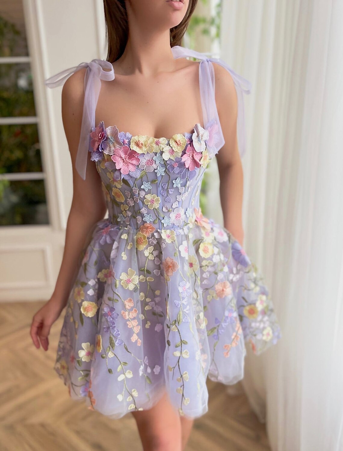 A-Line Homecoming Dresses Floral Dress Sweet 16 Summer Knee Length Sleeveless Spaghetti Strap Tulle with Embroidery