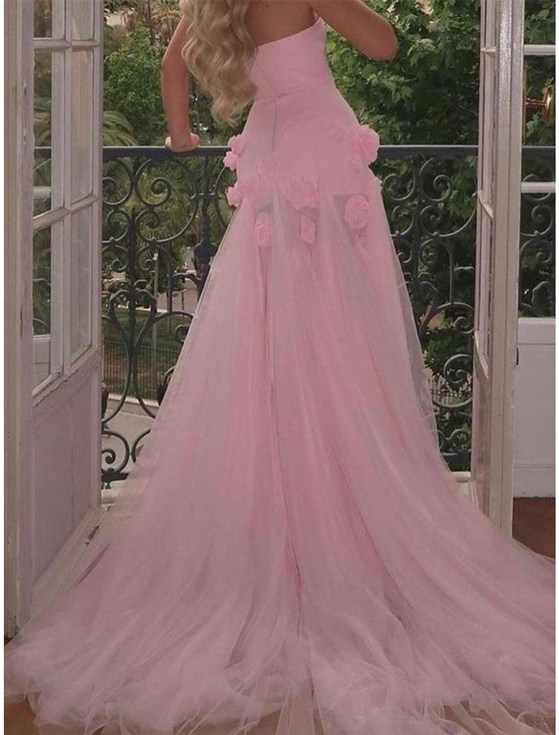 A-Line Prom Dresses Elegant Dress Formal Court Train Sleeveless Strapless Tulle with Slit Appliques