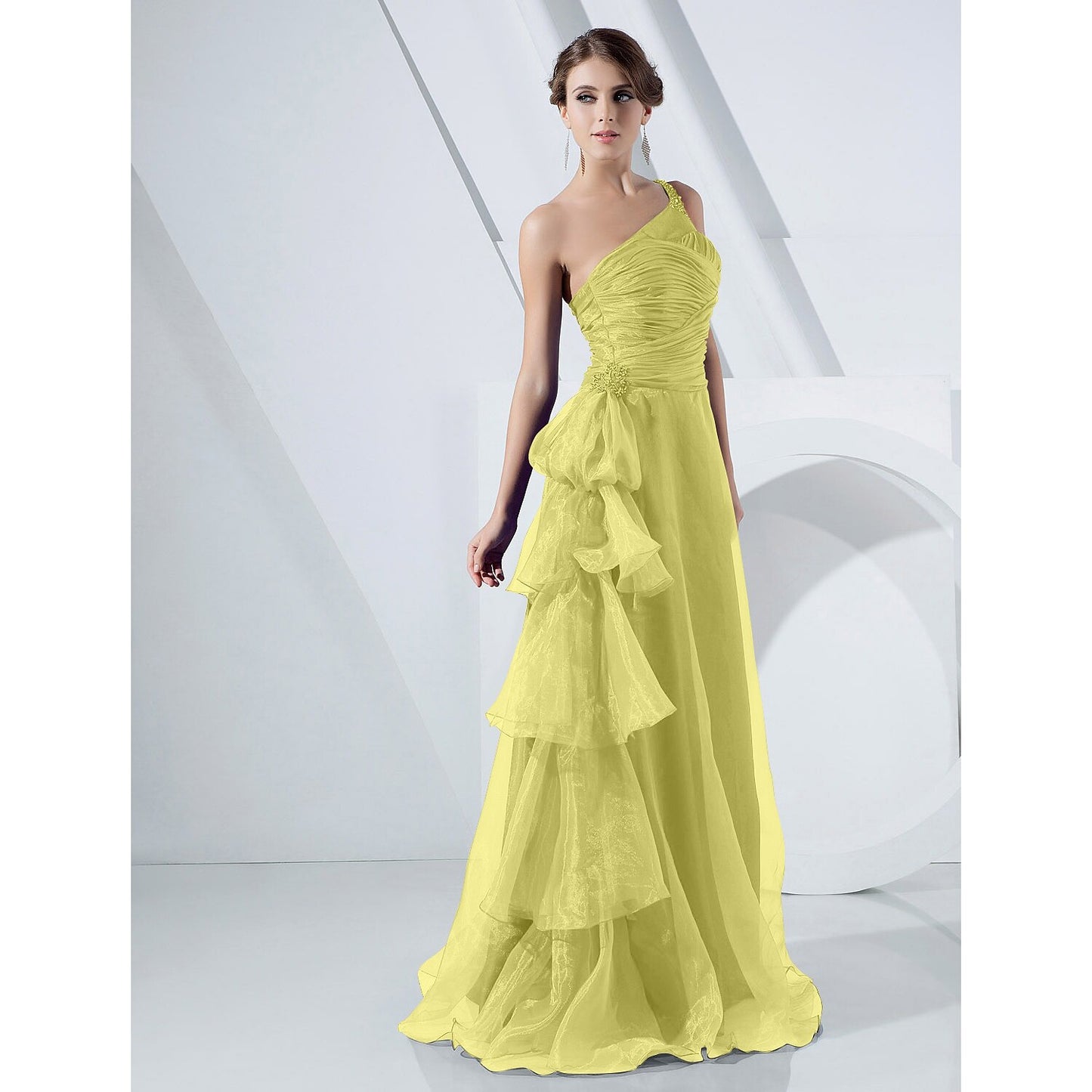 A-Line Elegant Dress Formal Evening Floor Length Sleeveless One Shoulder Organza with Side Draping Cascading Ruffles