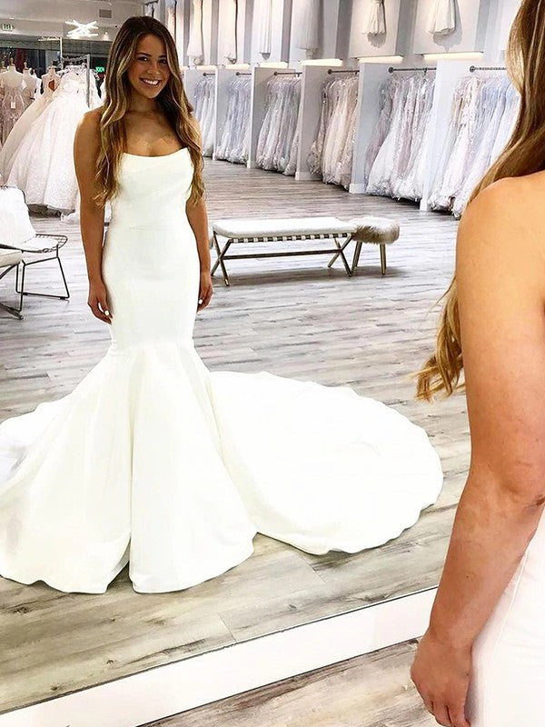 Trumpet/Mermaid Satin Ruched Strapless Sleeveless Court Train Wedding Dresses