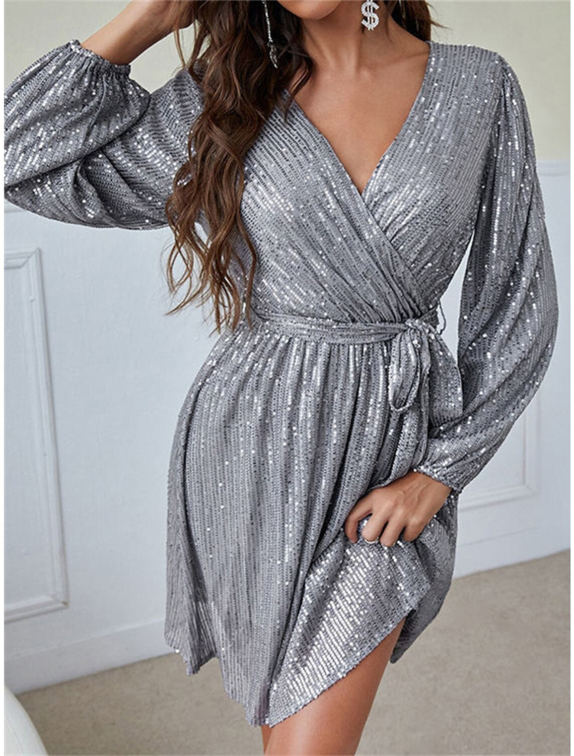 Women's Sequin Dress Christmas Party Dress Homecoming Dress Mini Dress Silver Red Blue Long Sleeve Pure Color Lace up Spring Fall Winter V Neck Fashion Winter Dress Wedding Guest