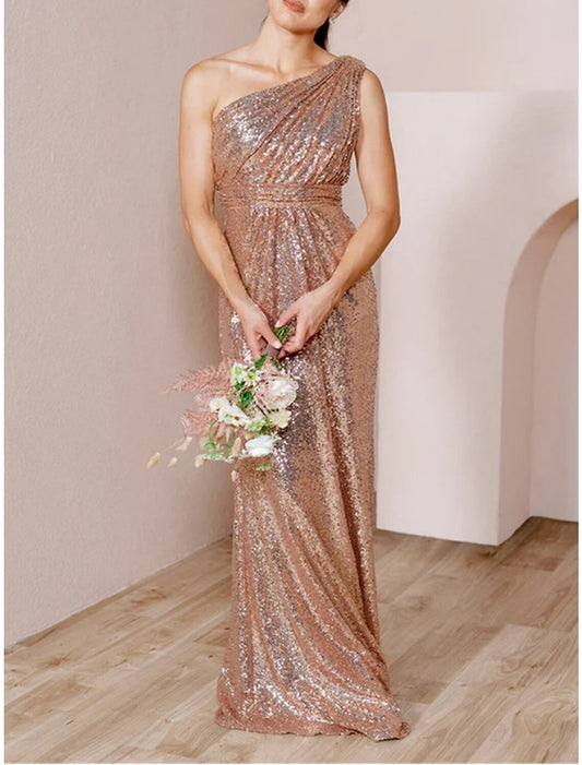 A-Line Bridesmaid Dress One Shoulder Sleeveless Glitter & Sparkle Sweep / Brush Train Sequined with Ruching