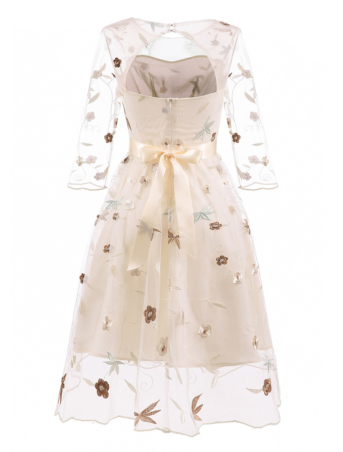 A-Line Cocktail Dresses Floral Dress Homecoming Knee Length Half Sleeve Jewel Neck Tulle with Embroidery Appliques