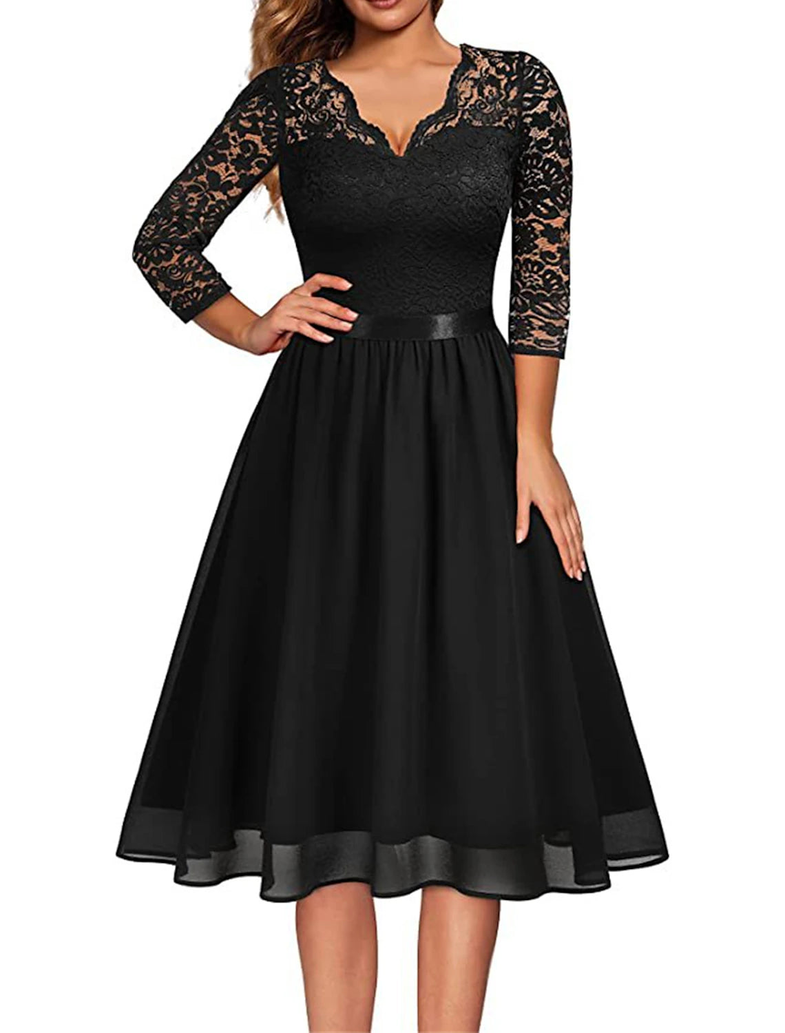 Women's Party Dress Lace Dress Homecoming Dress Midi Dress Black Wine Navy Blue Half Sleeve Pure Color Lace Spring Fall Winter V Neck Fashion Wedding Guest Birthday Vacation