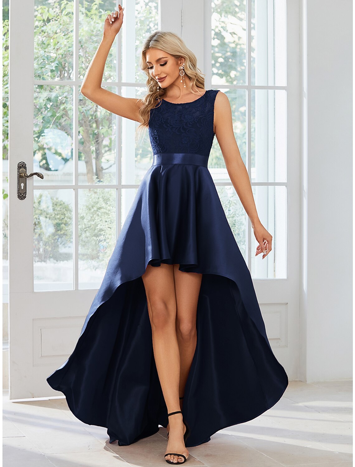 A-Line Wedding Guest Dresses Casual Dress Party Wear Asymmetrical Sleeveless Jewel Neck Satin with Pure Color