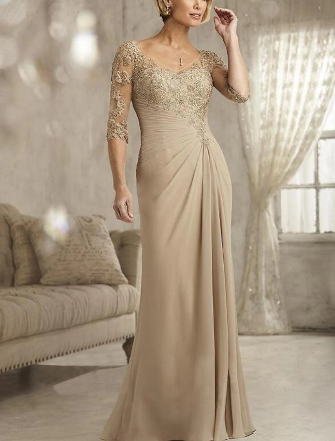 Mermaid / Trumpet Evening Gown Elegant Dress Engagement Floor Length 3/4 Length Sleeve V Neck Fall Wedding Guest Chiffon with Pleats Ruched