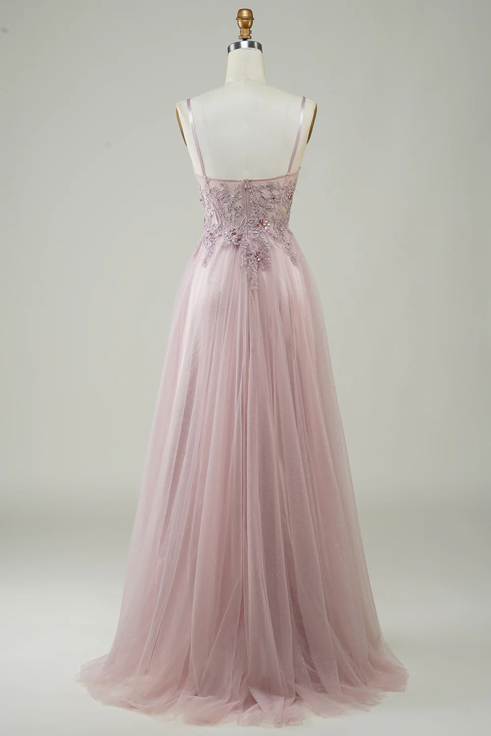 Amzcw Sparkly Blush A-Line Tulle Long Prom Dress with Lace