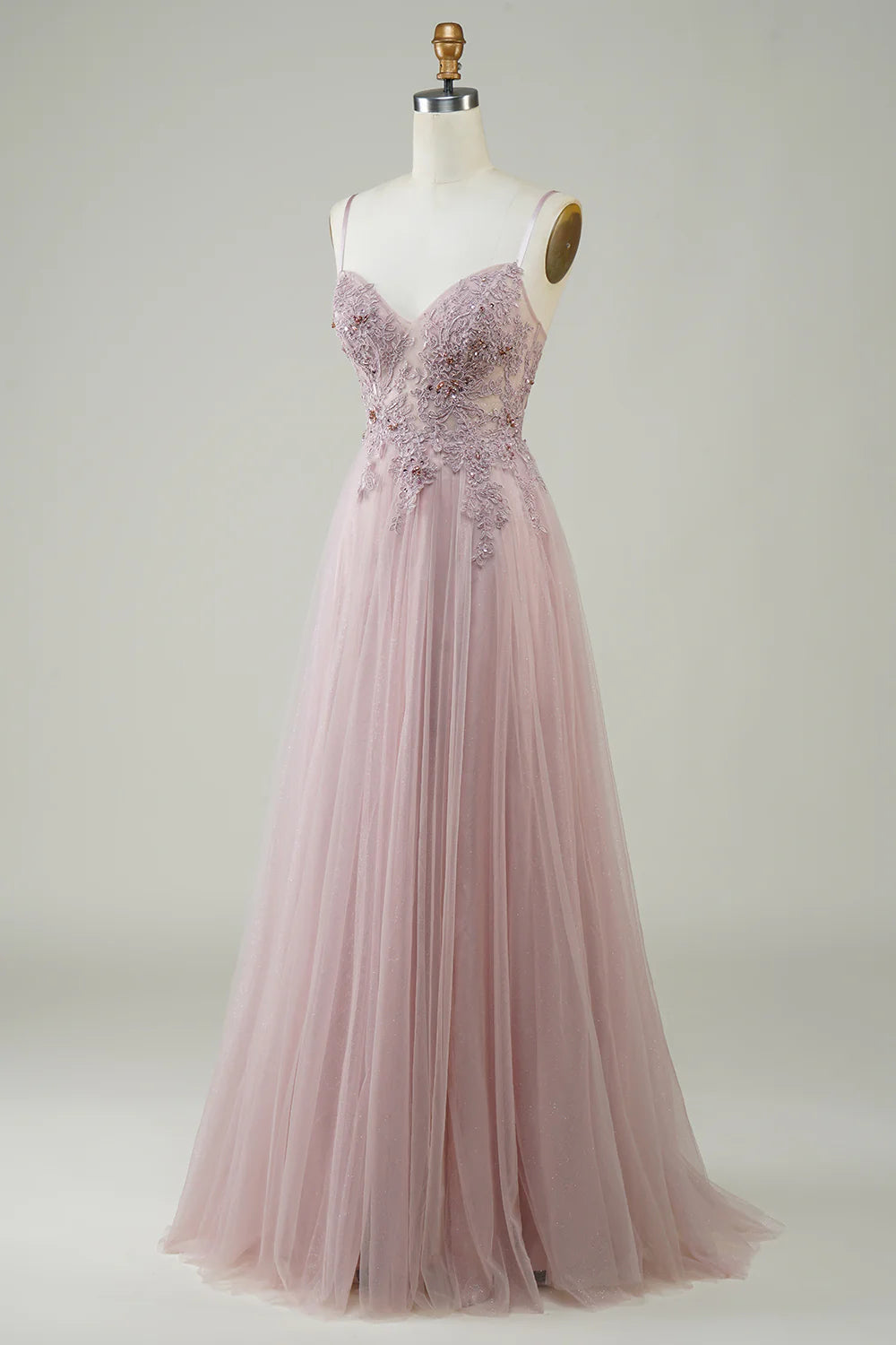 Amzcw Sparkly Blush A-Line Tulle Long Prom Dress with Lace