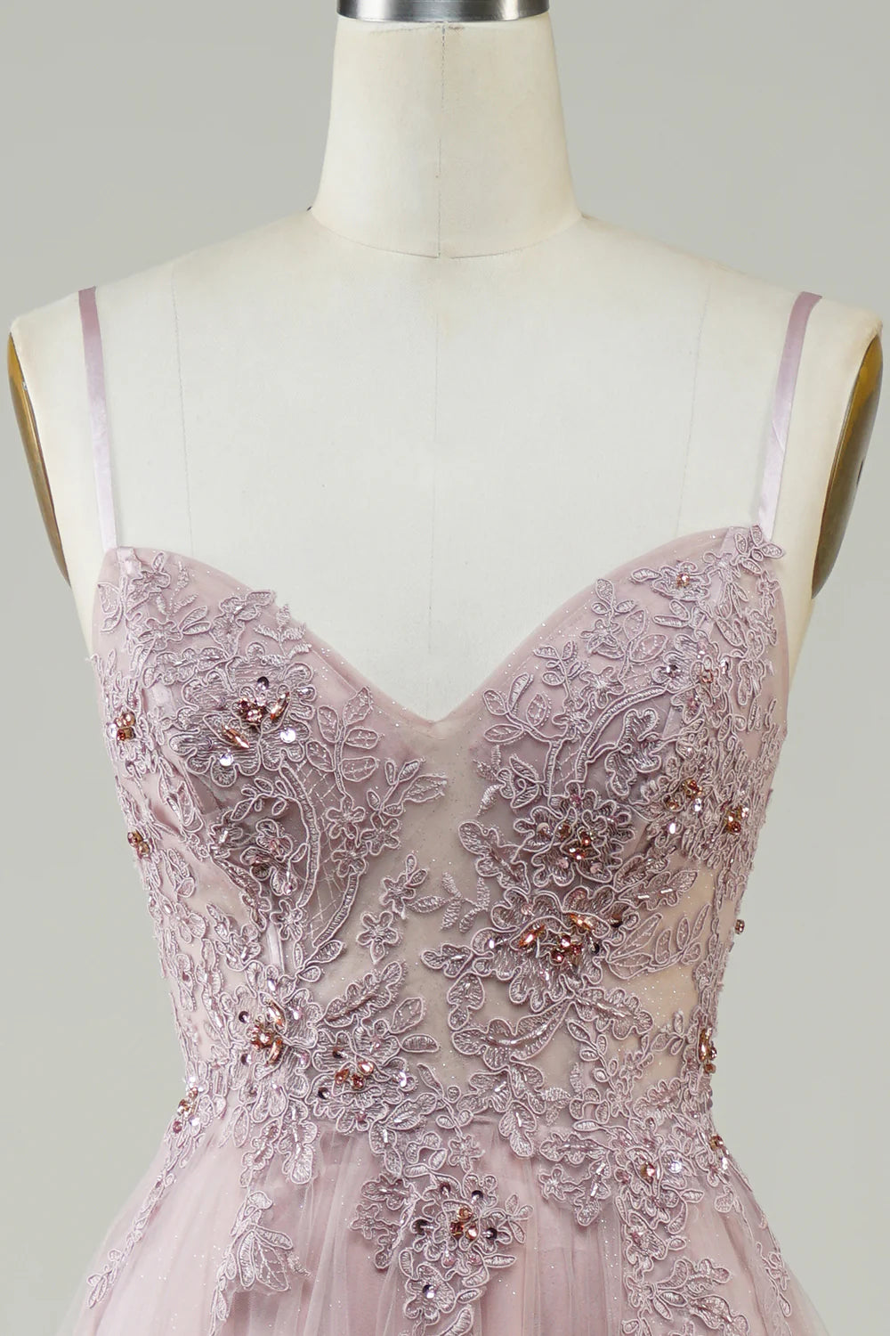 Amzcw Sparkly Blush A-Line Tulle Long Prom Dress with Lace