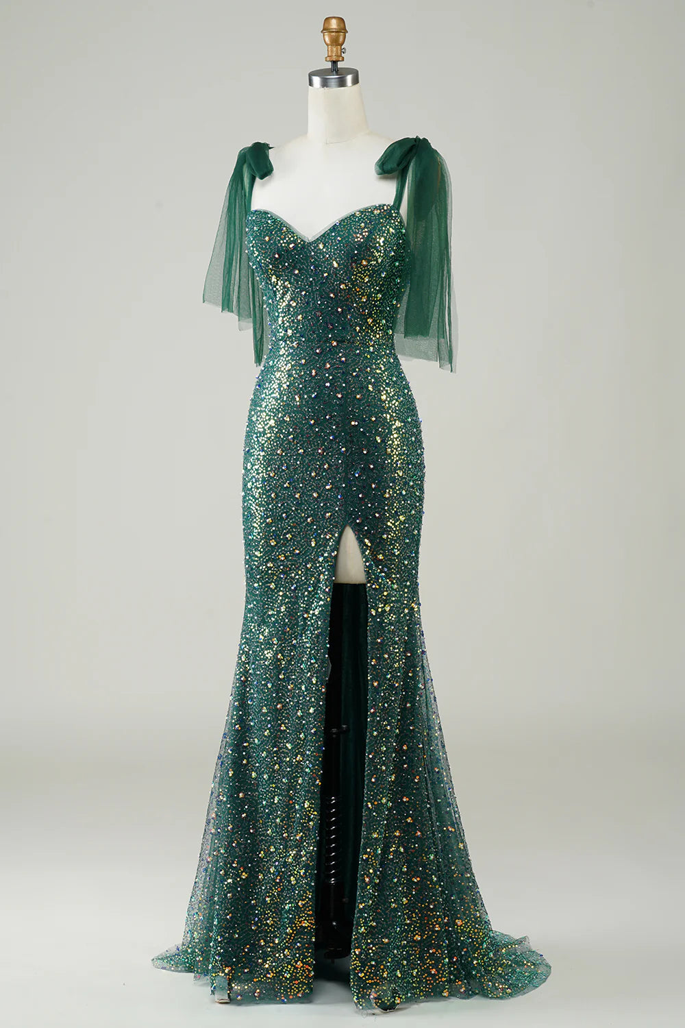 Amzcw Sparkly Dark Green Mermaid Sequin Long Prom Dress with Slit