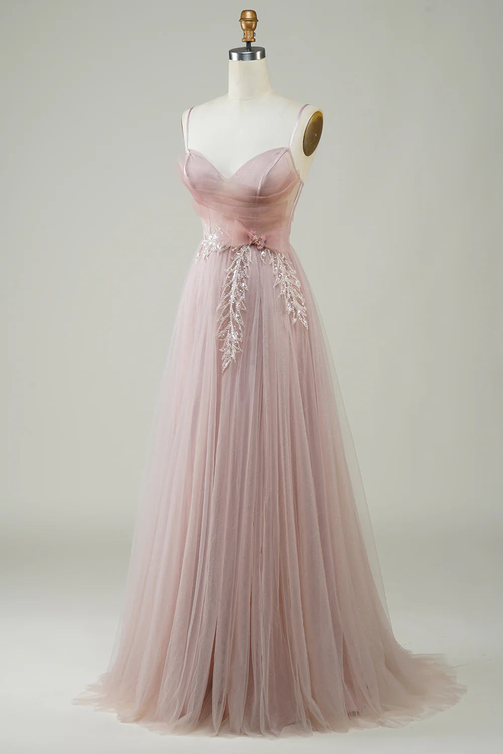 Amzcw Blush A-Line Corset Long Tulle Prom Dress with Appliques