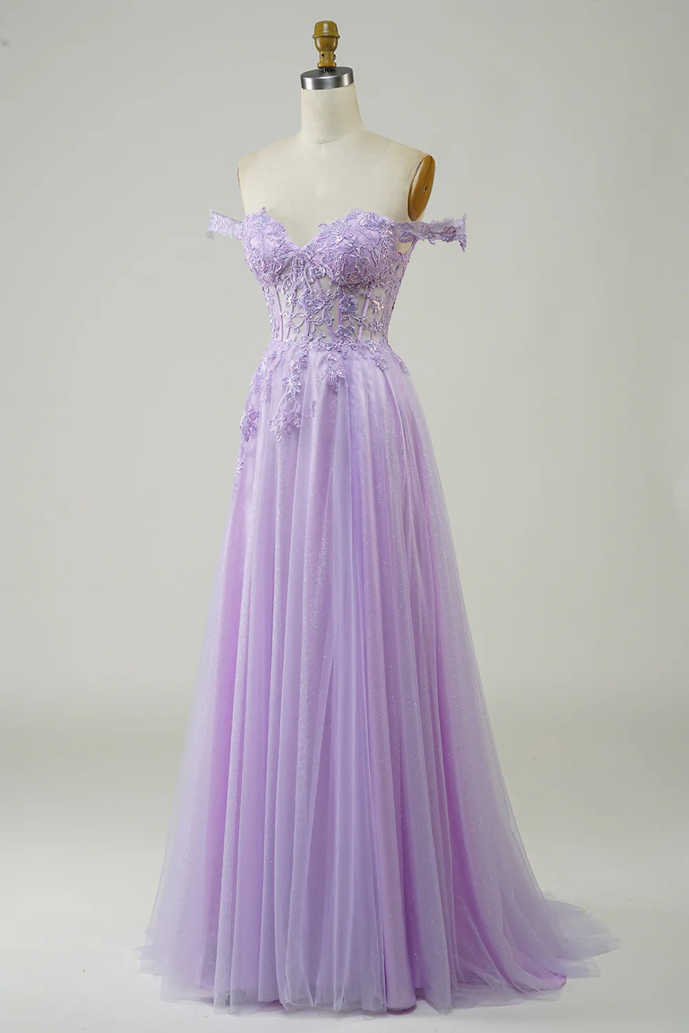 Amzcw Purple Corset A-Line Long Tulle Prom Dress with Lace