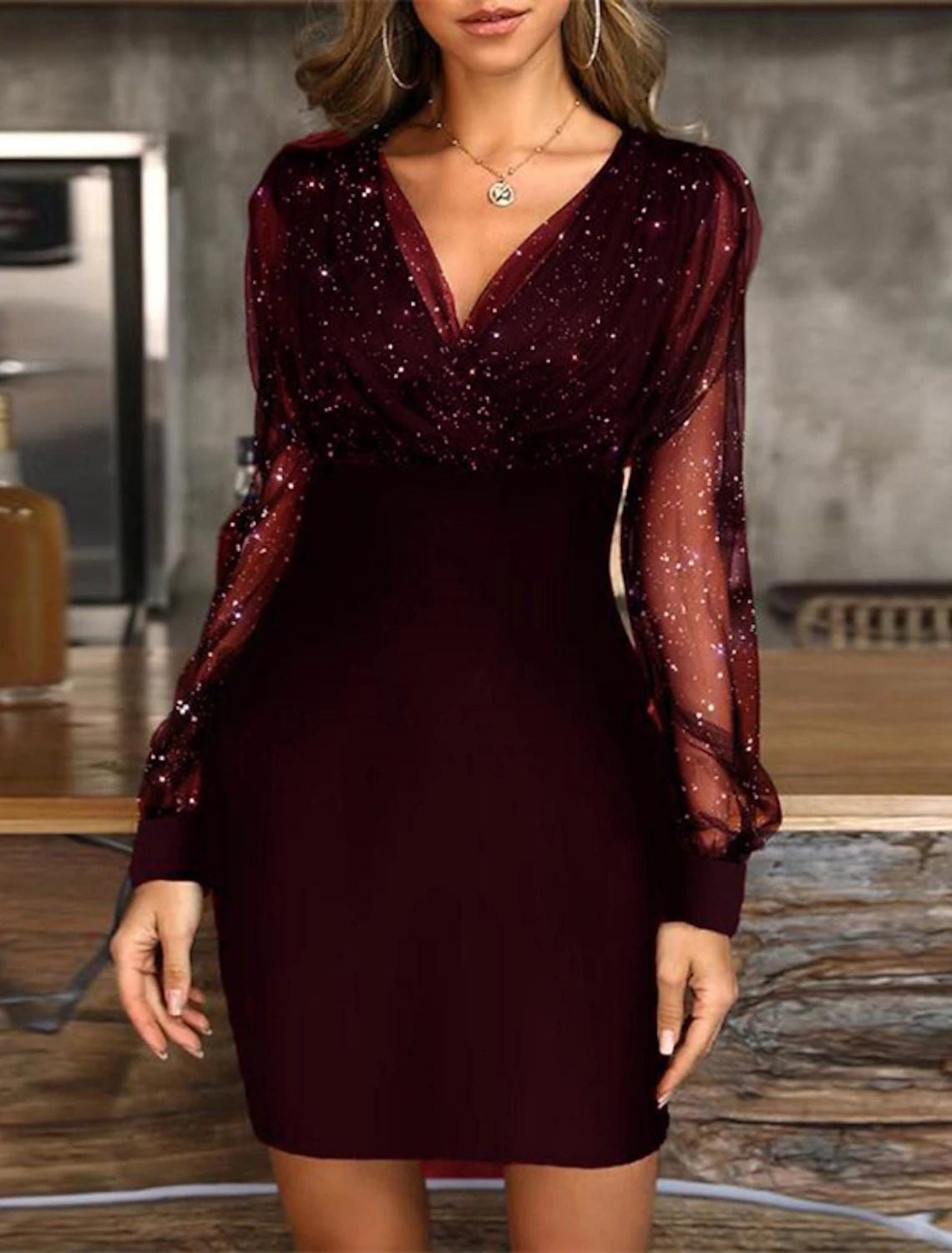 Women‘s Little Black Dress Sexy Dress Party Dress Homecoming Dress Sheath Dress Mini Dress Wine Purple Long Sleeve Mesh Dress Spring Fall Winter V Neck Fashion Party Wedding Guest