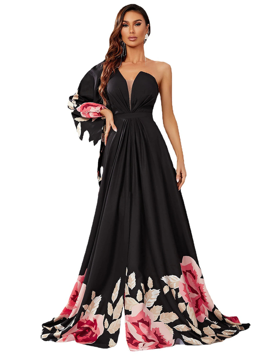 A-Line Wedding Guest Dresses Floral Dress Formal Court Train Long Sleeve One Shoulder Chiffon with Slit Print