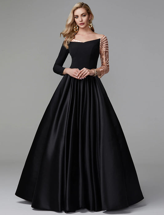Ball Gown Black Dress Vintage Quinceanera Formal Evening Floor Length Long Sleeve Off Shoulder Satin with Sequin