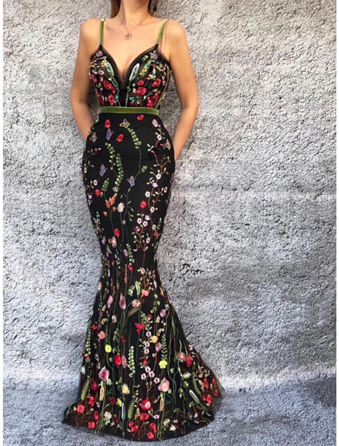Mermaid / Trumpet Prom Dresses Floral Dress Wedding Guest Wedding Party Floor Length Sleeveless Spaghetti Strap Tulle with Embroidery