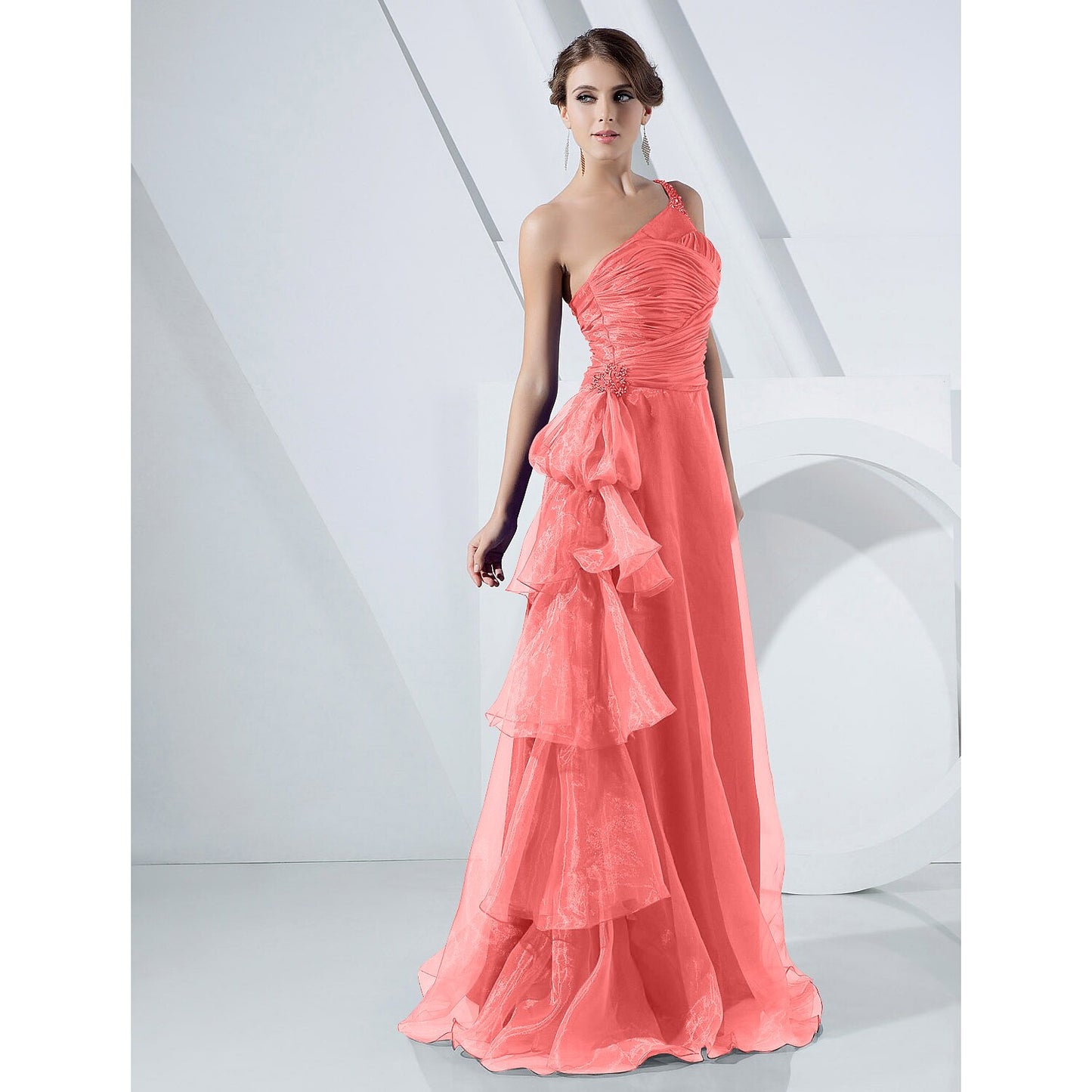 A-Line Elegant Dress Formal Evening Floor Length Sleeveless One Shoulder Organza with Side Draping Cascading Ruffles