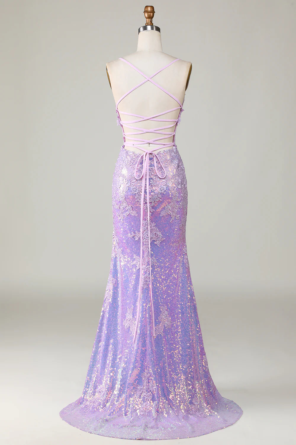 Amzcw Sparkly Mermaid Spaghetti Straps Purple Corset Prom Dress with Slit