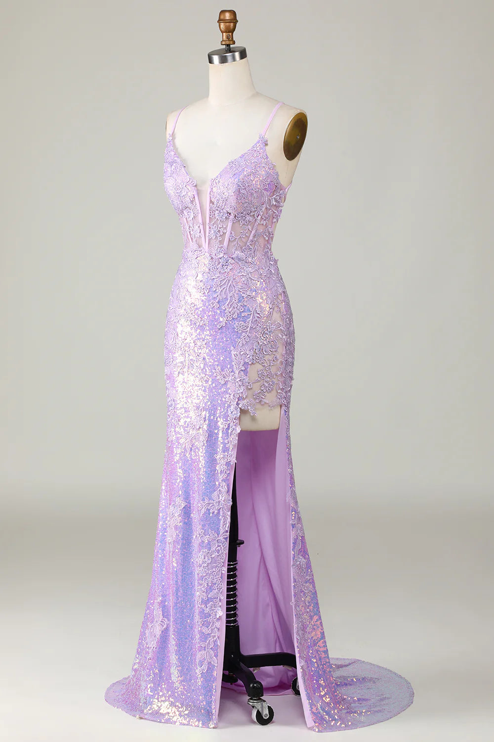 Amzcw Sparkly Mermaid Spaghetti Straps Purple Corset Prom Dress with Slit