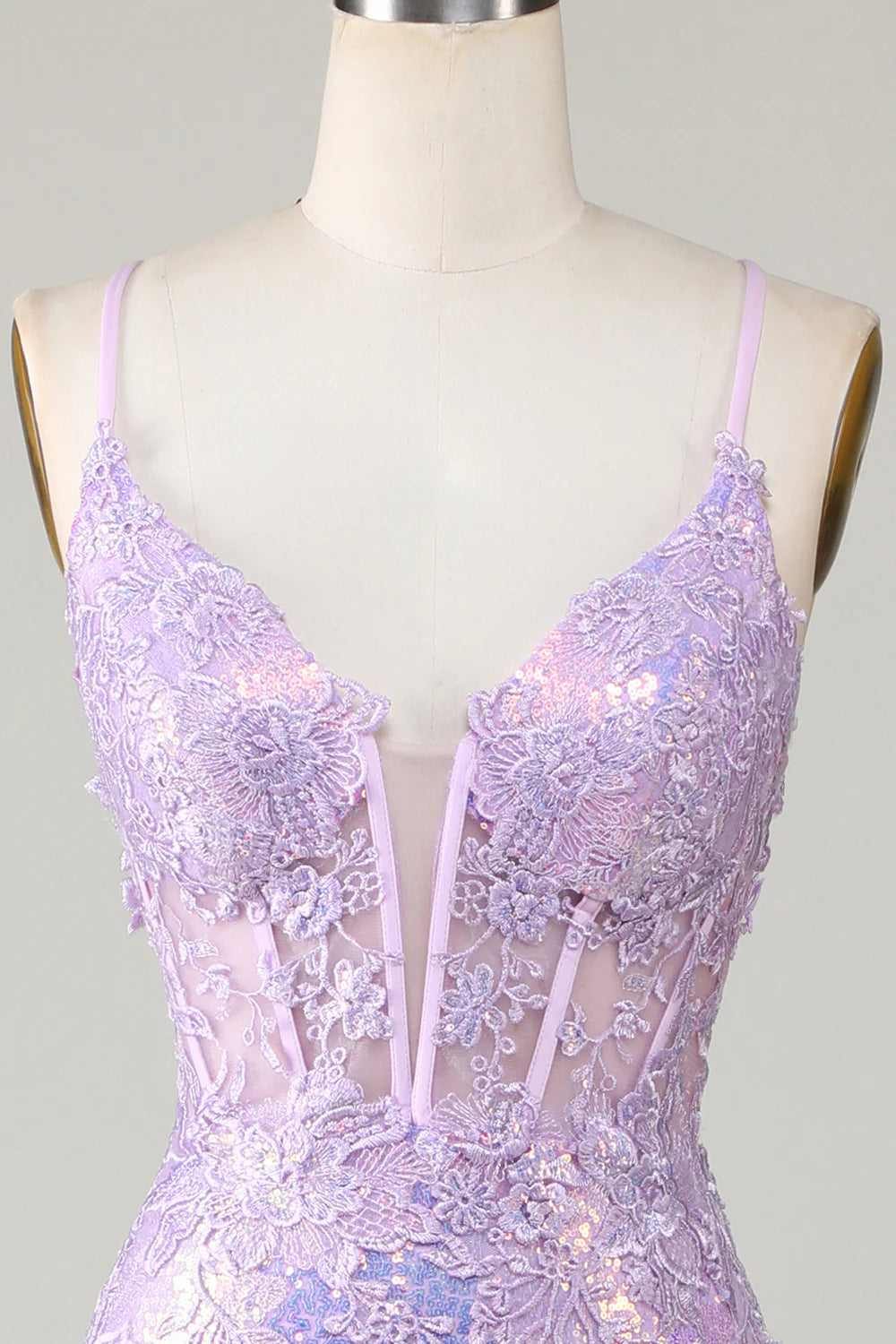 Amzcw Sparkly Mermaid Spaghetti Straps Purple Corset Prom Dress with Slit