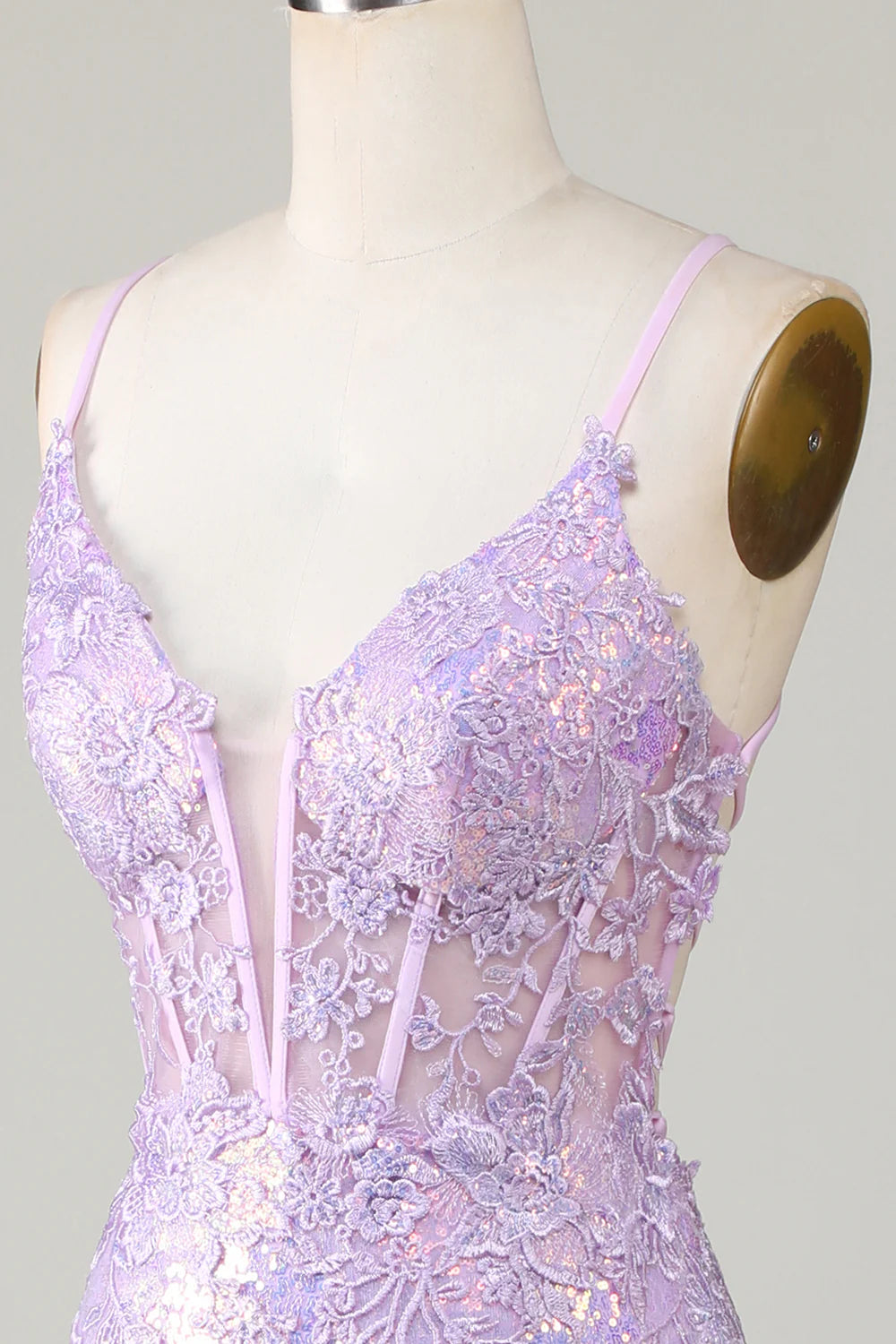 Amzcw Sparkly Mermaid Spaghetti Straps Purple Corset Prom Dress with Slit