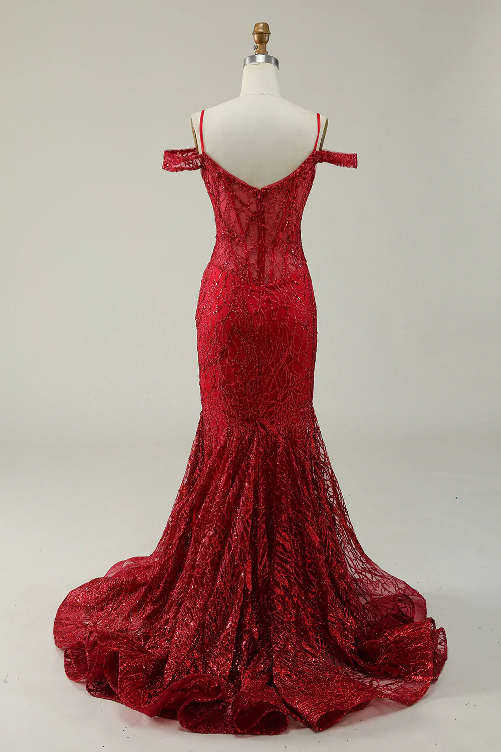 Amzcw Burgundy Mermaid Cold Shoulder Long Prom Dress