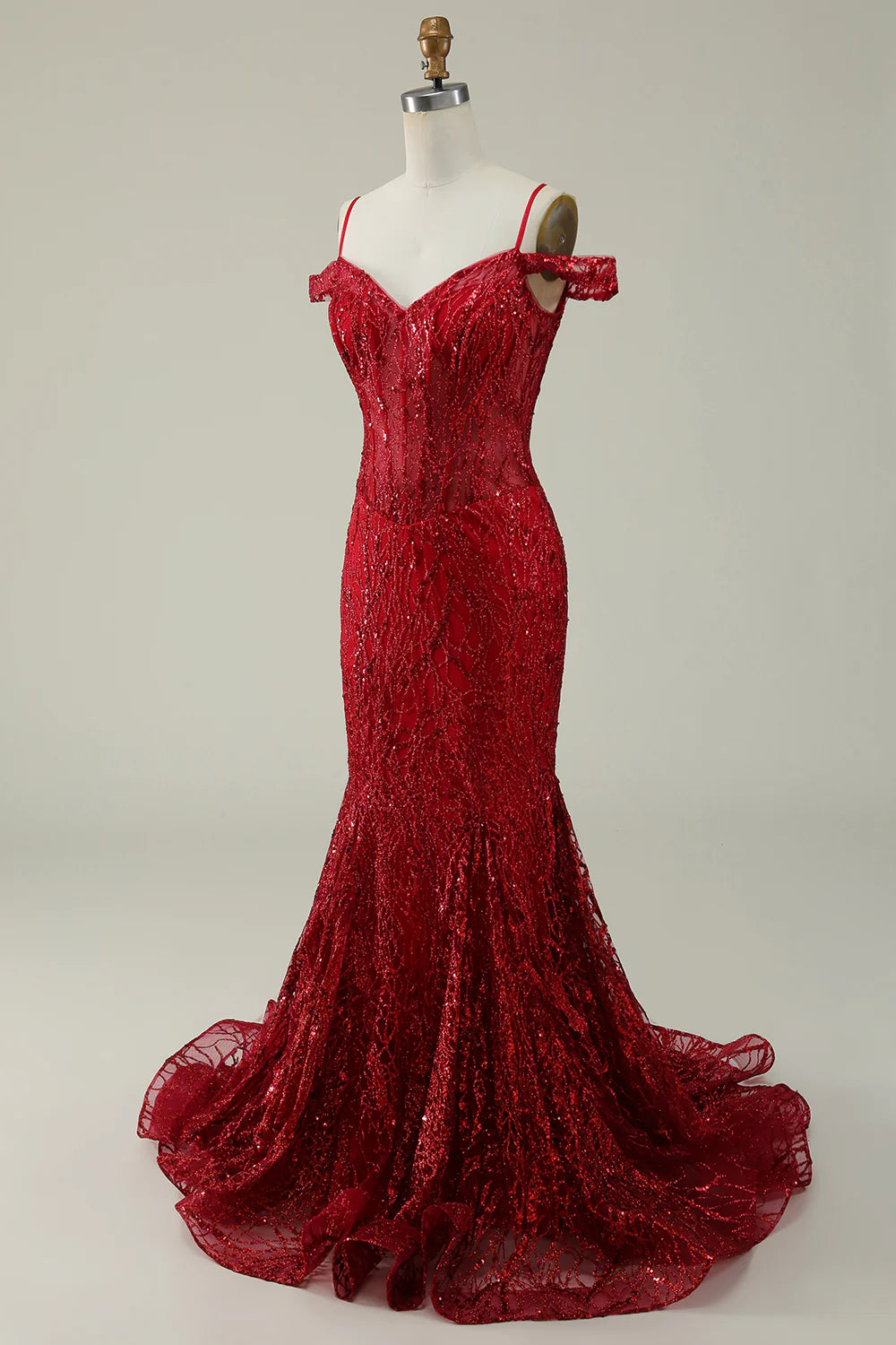 Amzcw Burgundy Mermaid Cold Shoulder Long Prom Dress