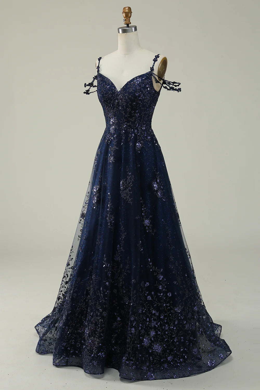 Amzcw Navy A Line Cold Shoulder Long Prom Dress