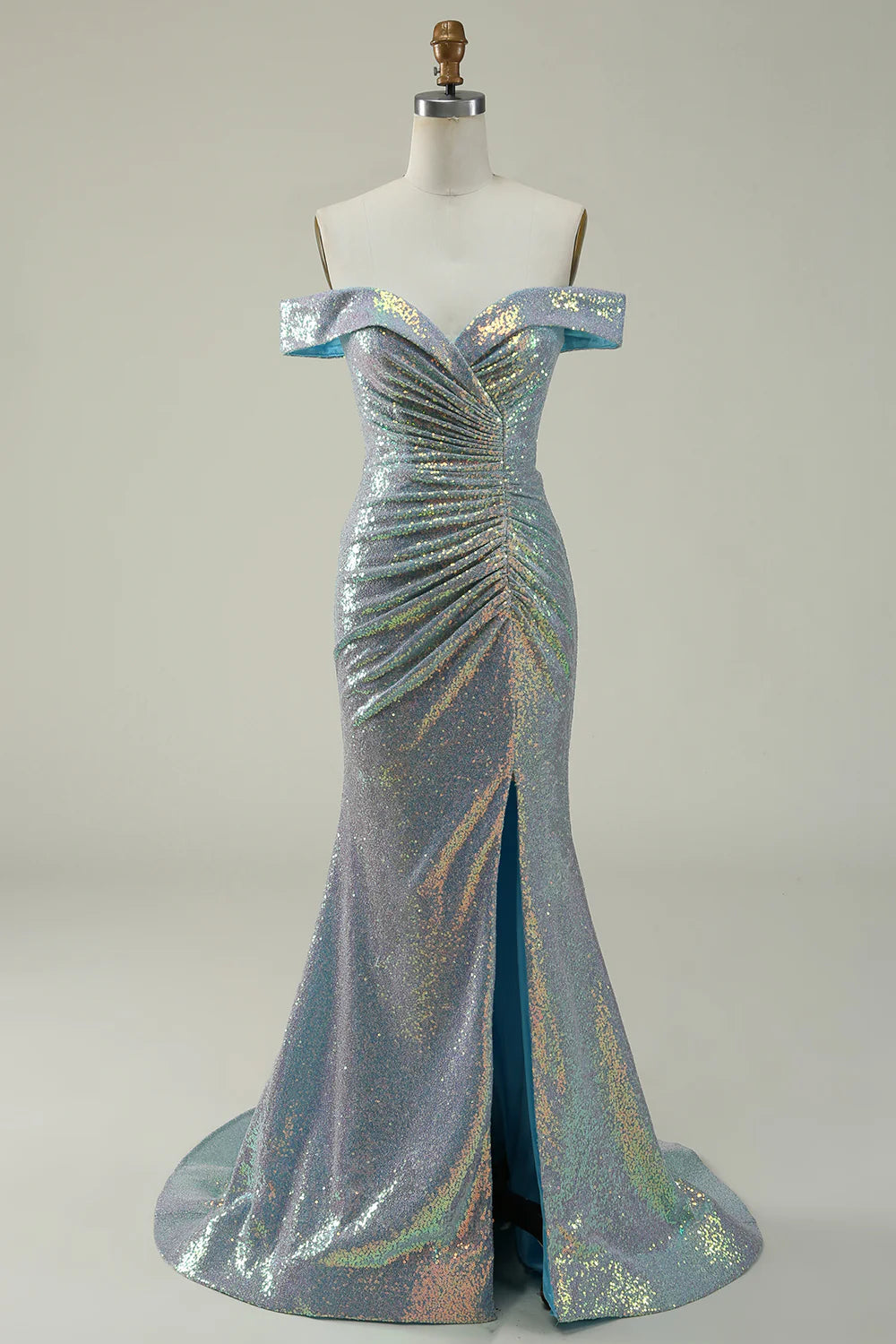 Amzcw Mermaid Blue Sparkly Off the Shoulder Prom Dress With Slit