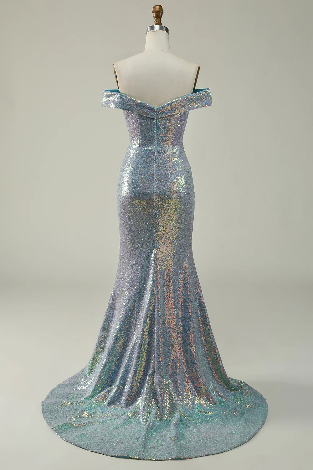 Amzcw Mermaid Blue Sparkly Off the Shoulder Prom Dress With Slit