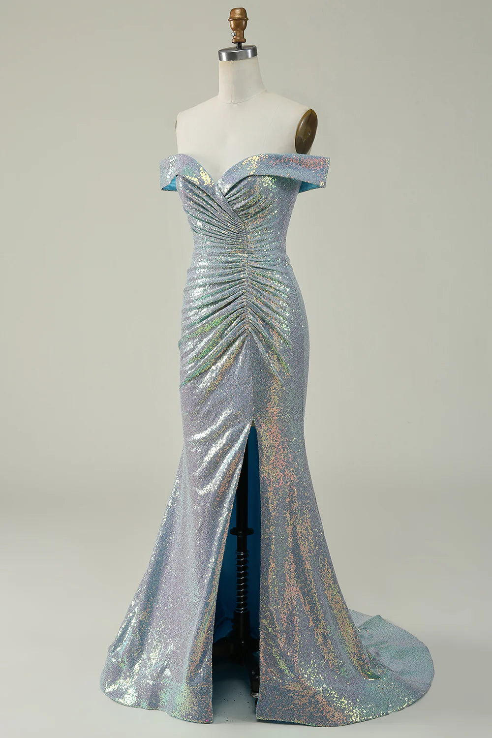Amzcw Mermaid Blue Sparkly Off the Shoulder Prom Dress With Slit