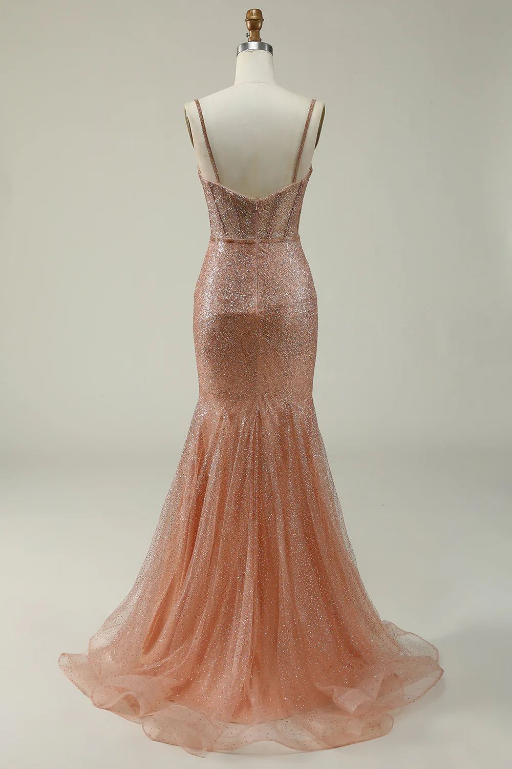 Amzcw Mermaid Spaghetti Straps Blush Sequins Long Prom Dress